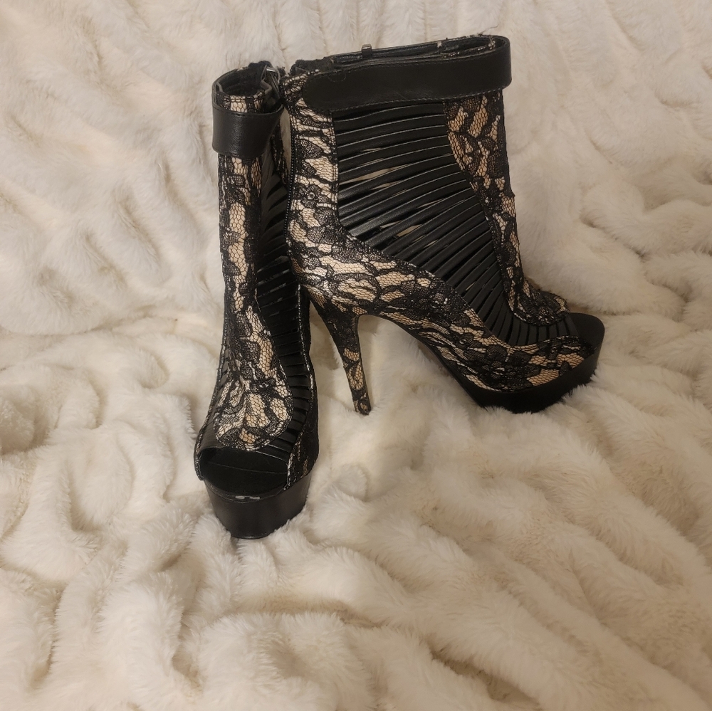 Black and gold lace stilettos